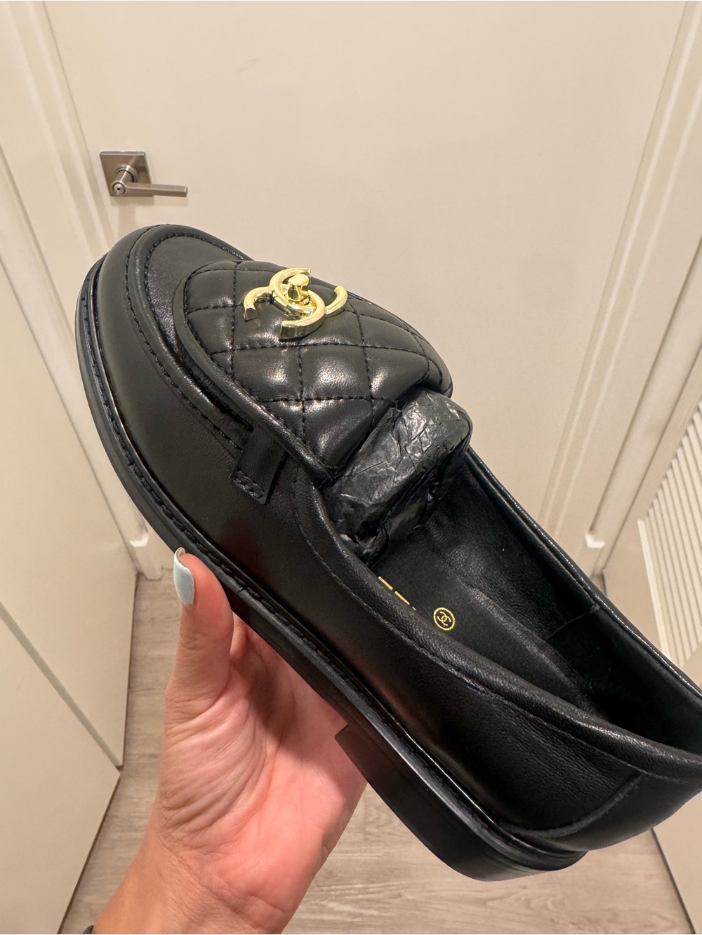 Quilted Leather Black Loafers with Gold CC Logo - Picture 2 of 4